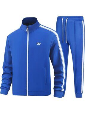 Men's 2 Piece Suit Blue Slant Pocket Long Sleeve Full Zip Sweatsuit Sports